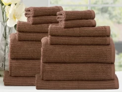 650 GSM 14PC Cobblestone Cotton Ribbed Bath Towel Packs By Renee Taylor -Bedding Store 14pc towel set toffe