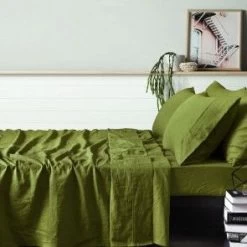 100% Linen Double Sheet Set By Vintage Design -Bedding Store accessories pure linen sheet set mossy green 1 1