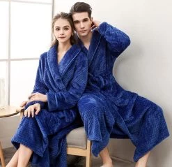 Blue Mens Womens Fleece Waffle Long Bath Robe Luxury Lightweight Dressing Gown Robe