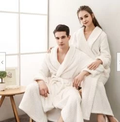 White Mens Womens Fleece Waffle Long Bath Robe Luxury Lightweight Dressing Gown Robe