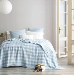 Gingham French Blue Washed Cotton Yarn Dyed Reversible Textured Blanket By Renee Taylor