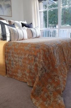 Mustard Floral Kantha Bedspread By Kolka