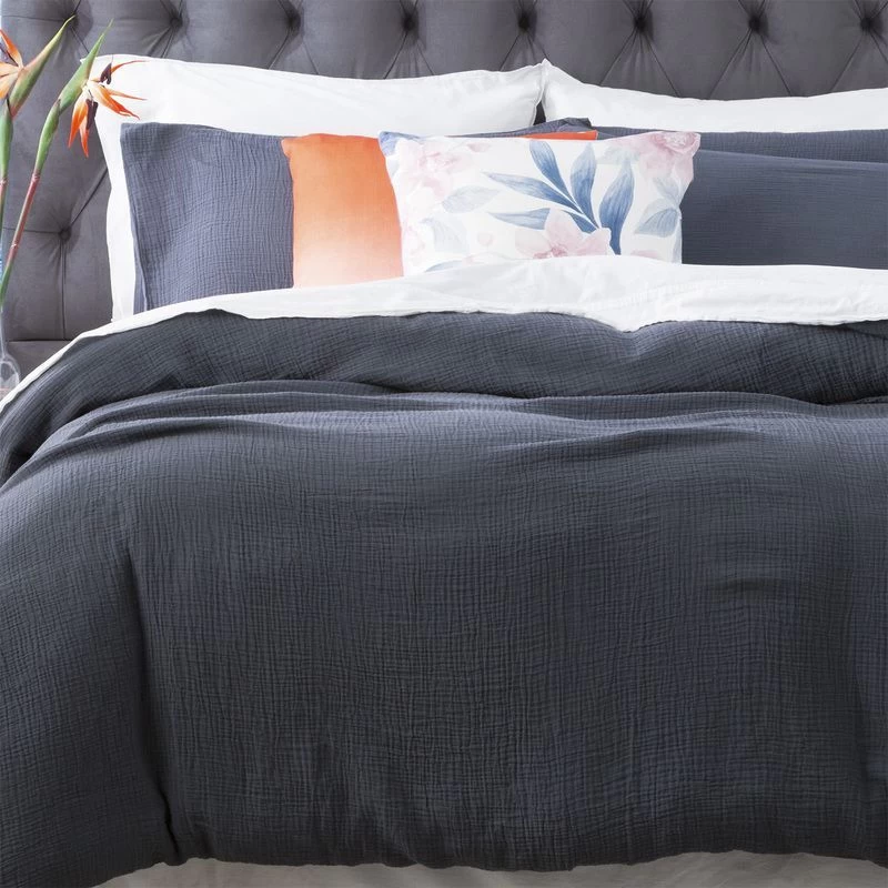 Blue Solana Washed Cotton Textured Quilt Cover Set & Euro P/case By Renee Taylor 4 Blue Solana Washed Cotton Textured Quilt Cover Set & Euro P/case By Renee Taylor - Image 2