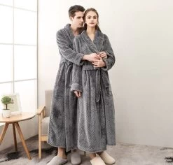 Grey Mens Womens Fleece Waffle Long Bath Robe Luxury Lightweight Dressing Gown Robe