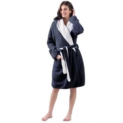 Sherpa Reversible Navy/White Bath Robes By Bambury -Bedding Store sherpa reversible navy bath robes by bambury 1