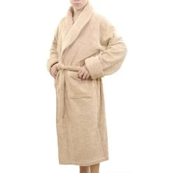 Wheat Luxury 18 OZ/550 GSM Thick Terry Fabric Orgnically Natural Colour Pure Cotton Bath Robe Dressing Gowns Unisex Men And Women